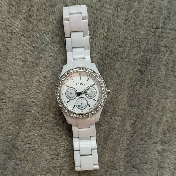 Fossil Accessories - Fossil Stella White Band Watch‎ - Crystal Dial & Multi-Function- Gemmed Bezel
